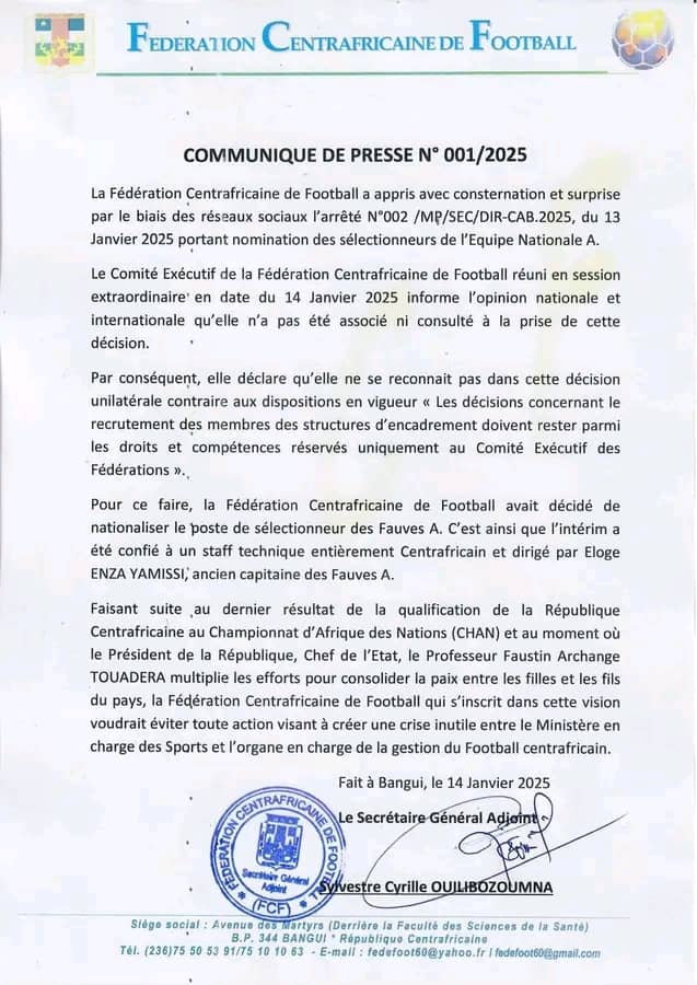 communiqué-fédération-centrafricaine-football