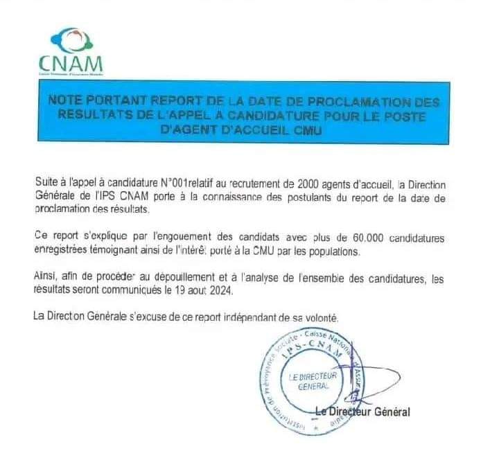 Résultat du recrutement CNAM 2024 en Côte d'Ivoire