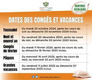 Lire la suite à propos de l’article Dates des congés scolaires 2025 CI: congés de février, Pâques, grandes vacances